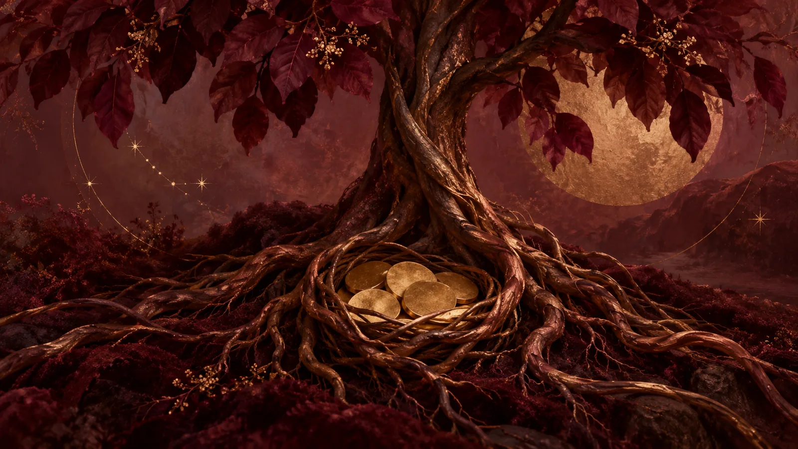 Golden discs nestled among copper roots beneath a burgundy tree.