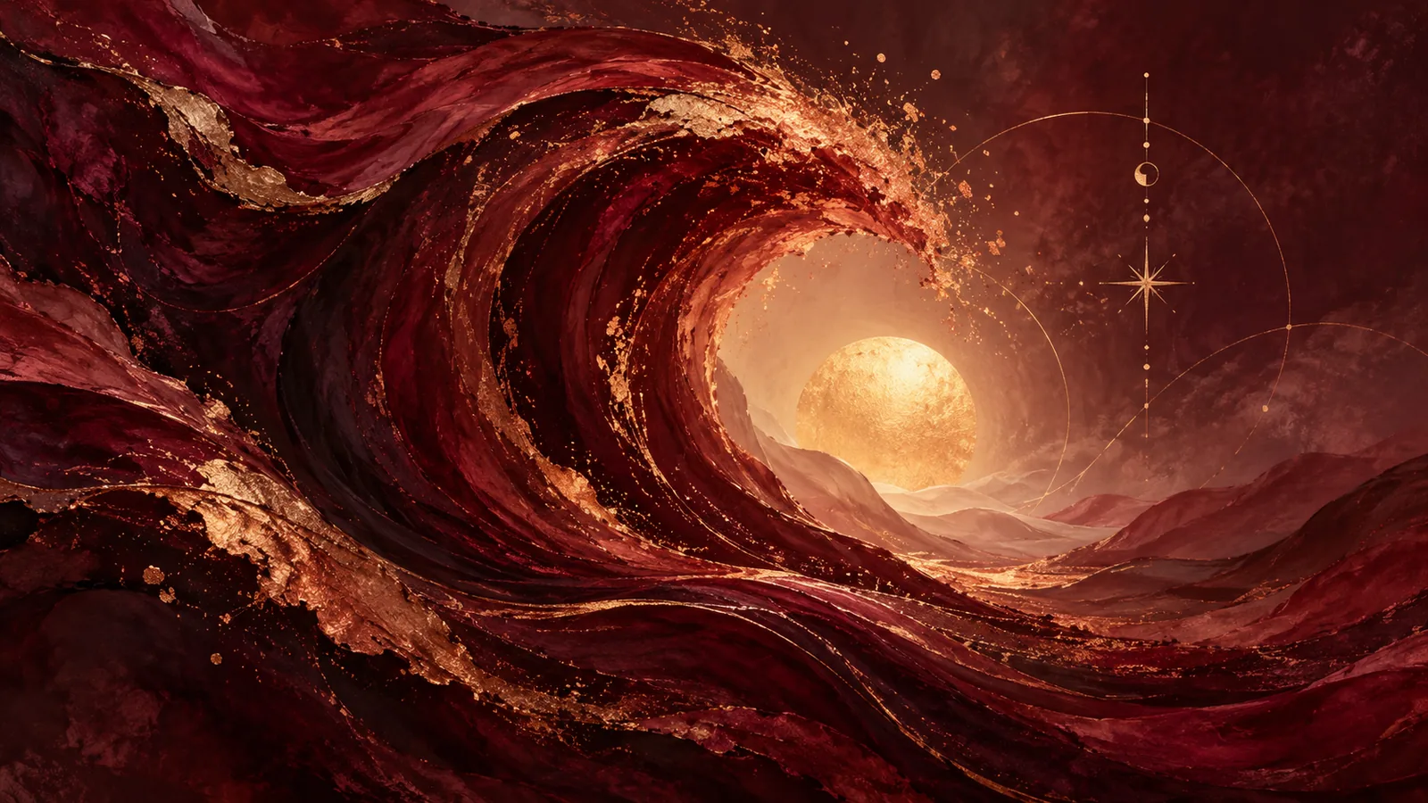 A curling burgundy and copper wave surrounding a quiet golden light.