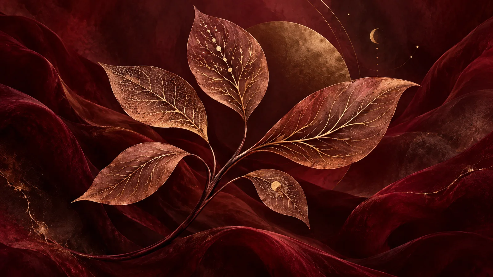 Copper leaves with intricate golden veins on a shared stem.