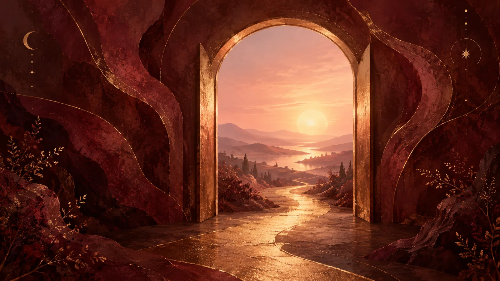 An open copper archway leading to a golden path and spacious rose horizon.