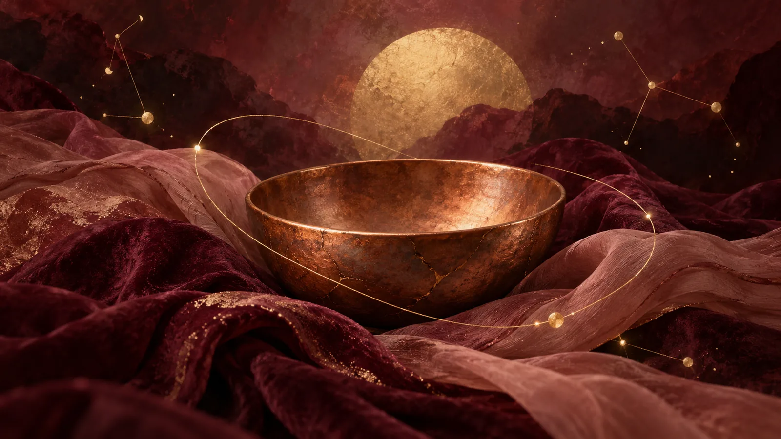 A copper bowl resting in rose and burgundy folds, encircled by a gold thread.