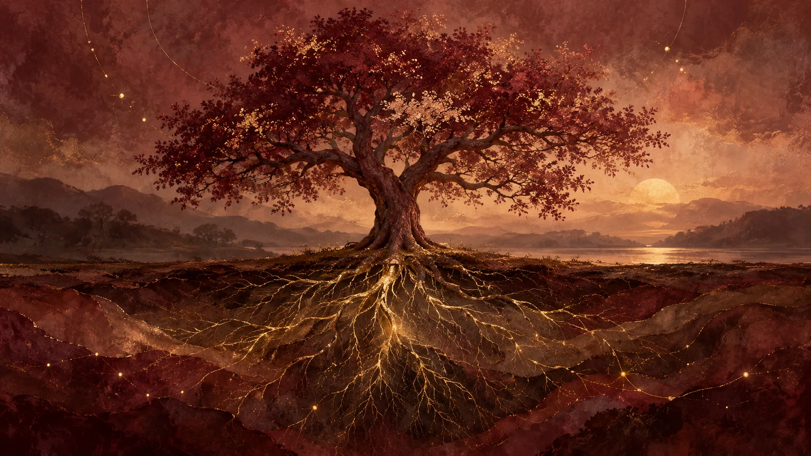 A burgundy tree with luminous golden roots beneath layered earth.