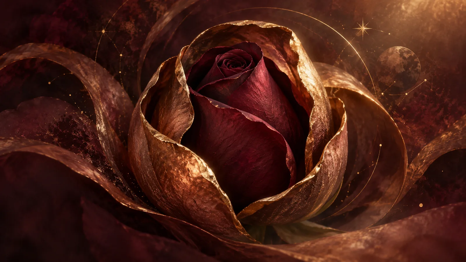 A burgundy rose unfolding within copper and gold-edged petals.