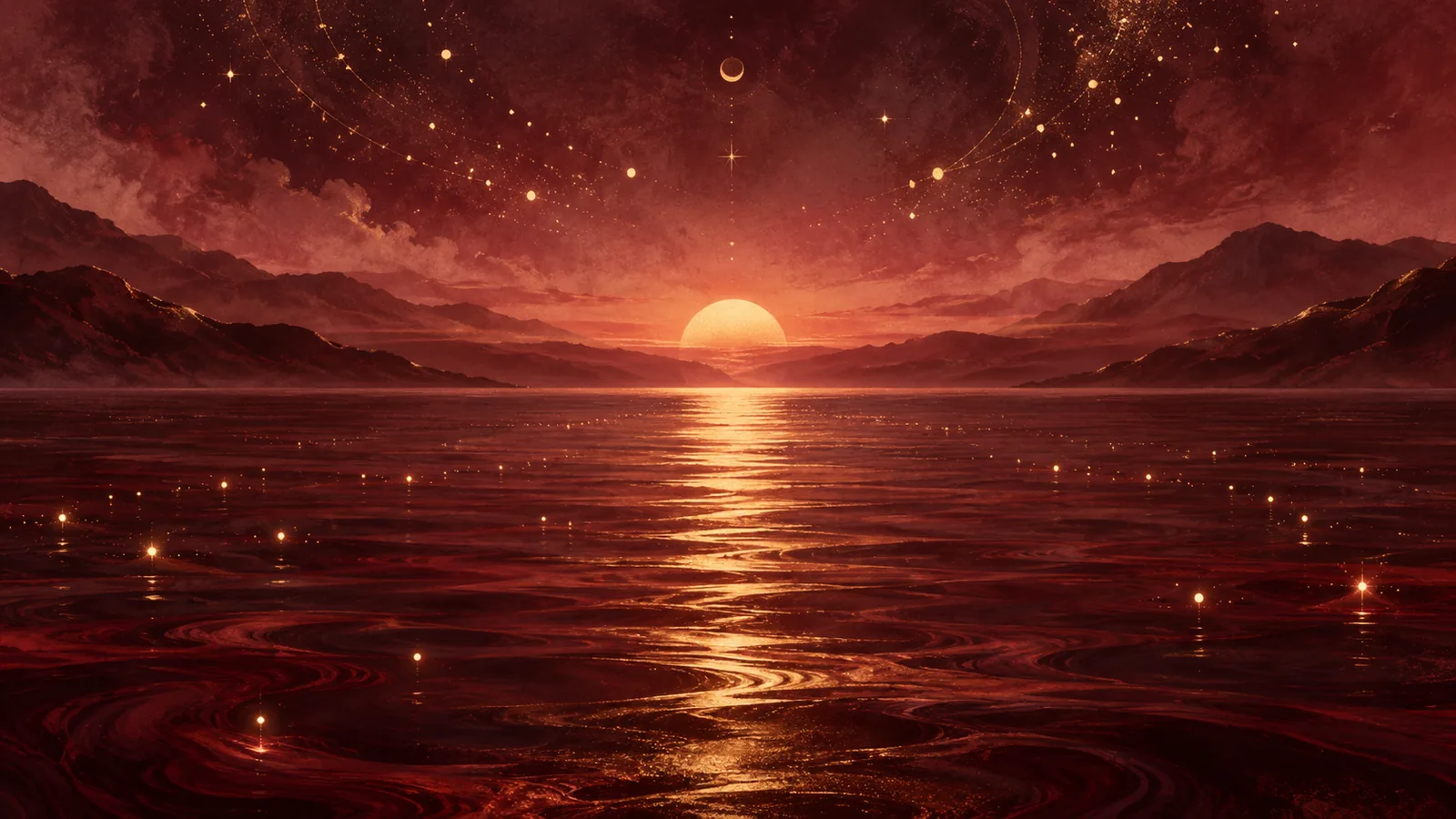 Golden lights above crimson water and a quiet sunlit horizon.