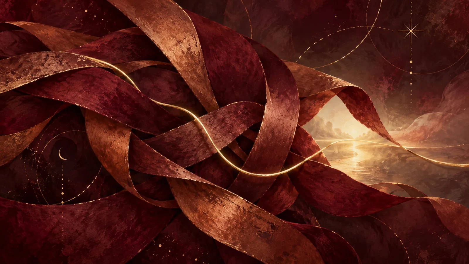 A golden thread passing through a small opening in burgundy ribbons.