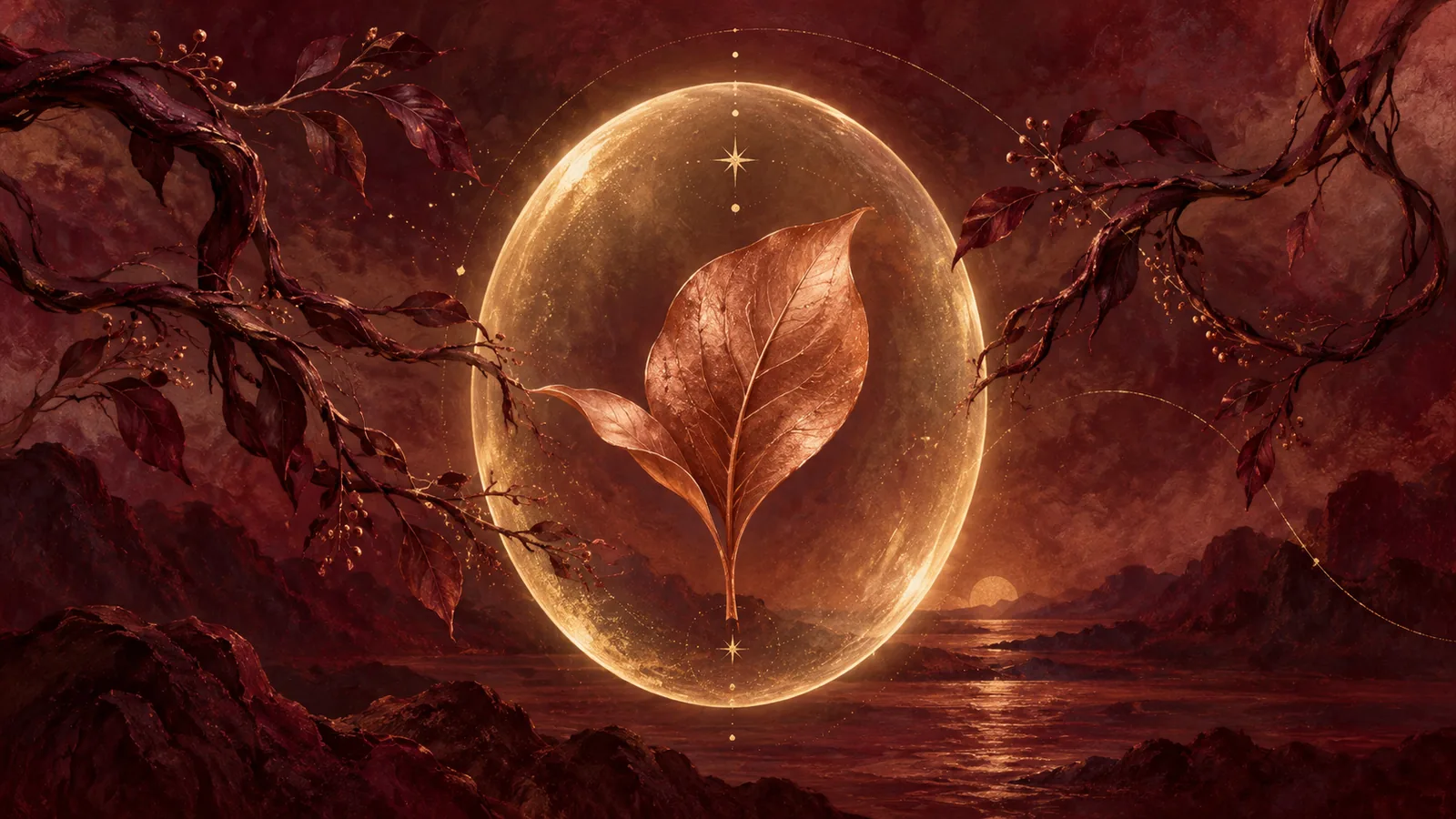 A copper leaf held within a glowing oval, surrounded by burgundy branches.