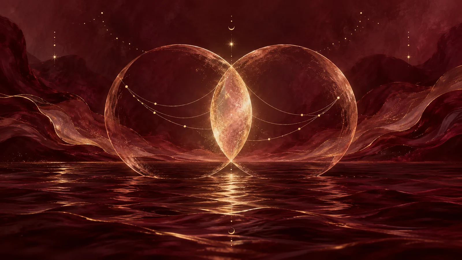 Two copper circles overlapping in a luminous shape above burgundy water.