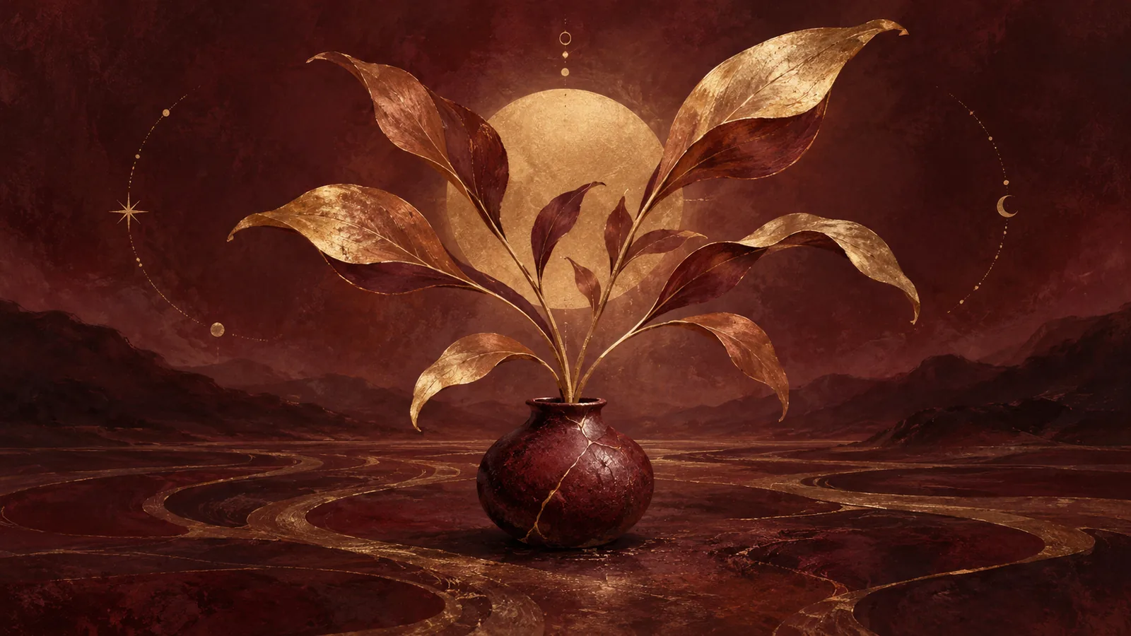 Gold-tipped copper leaves growing from a small burgundy vessel.