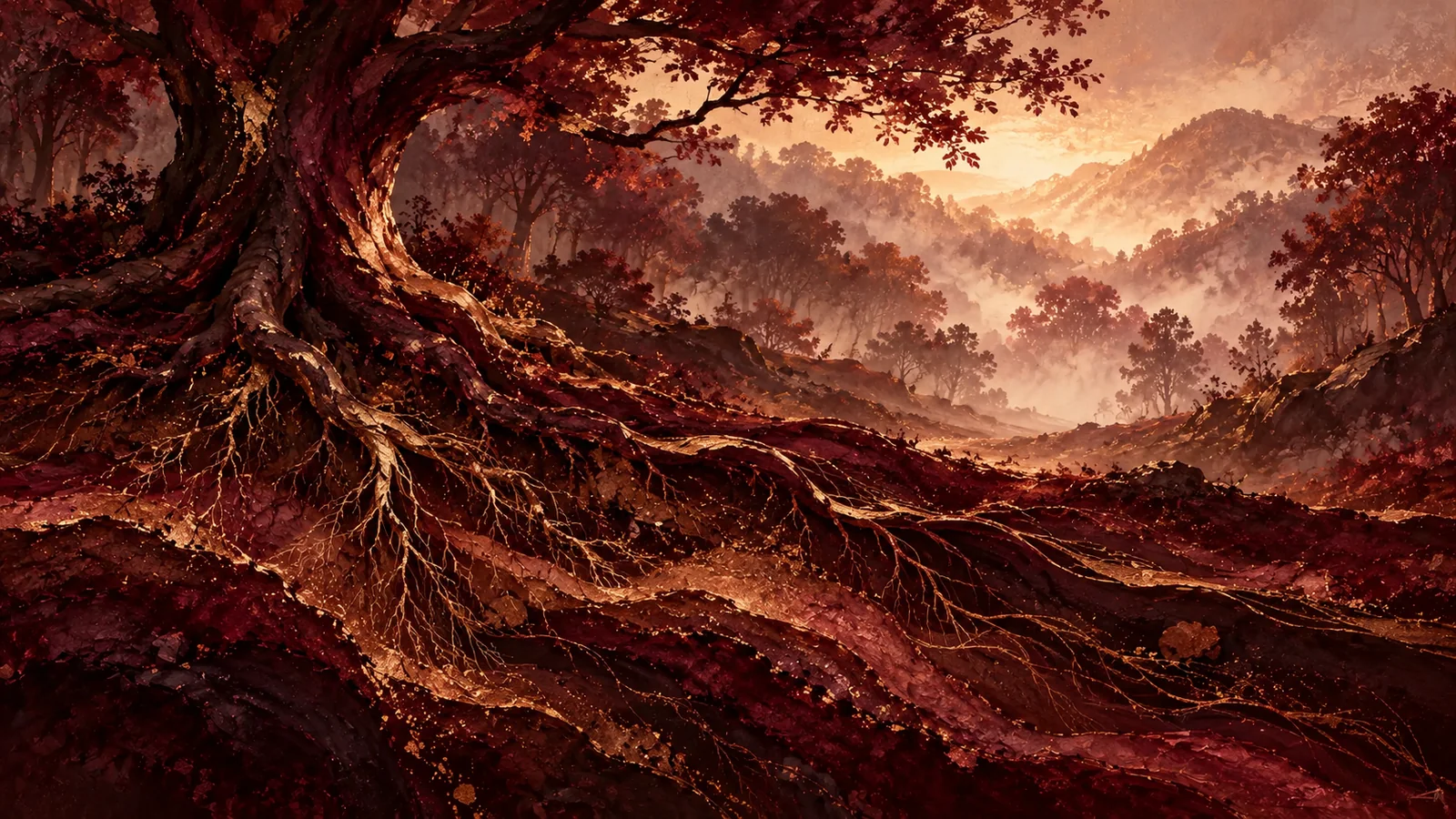 Atmospheric woodland with ancient roots crossing layered earth beneath successive veils of warm mist.